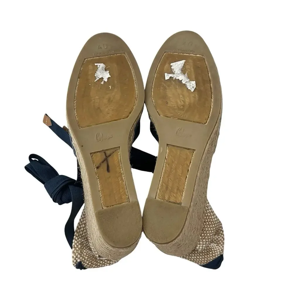 Castaner Carina Wedge Espadrille Ankle Tie Sandal Blue Canvas Sz 9 Resort boho